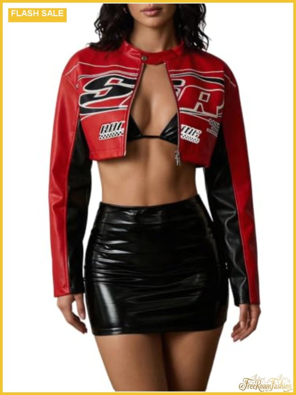 Faux Leather Cropped Moto Jacket Letter Print Button Front Casual